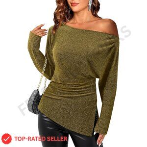 Off Shoulder Blouse Long Sleeve Sparkly Glitter Fabric Elegant Party Top